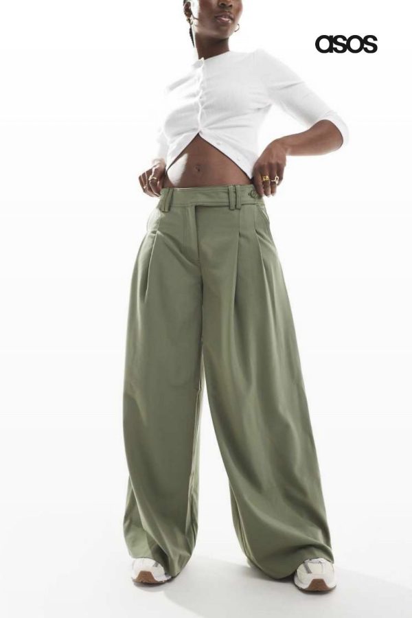 ASOS DESIGN tailored super wide leg pants in khaki-Green