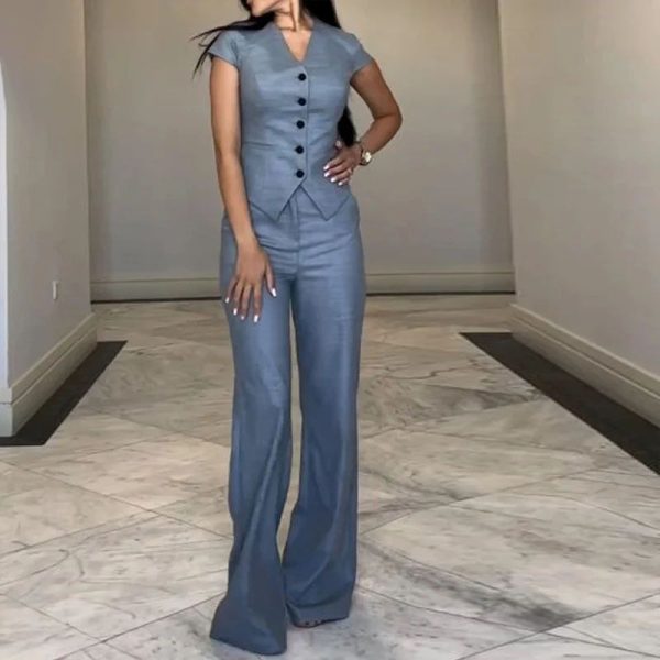 Pant Set Women Two Piece Sets V Neck Matching Sets Coats Wide Leg Long Pants High Waist Casual Y2k