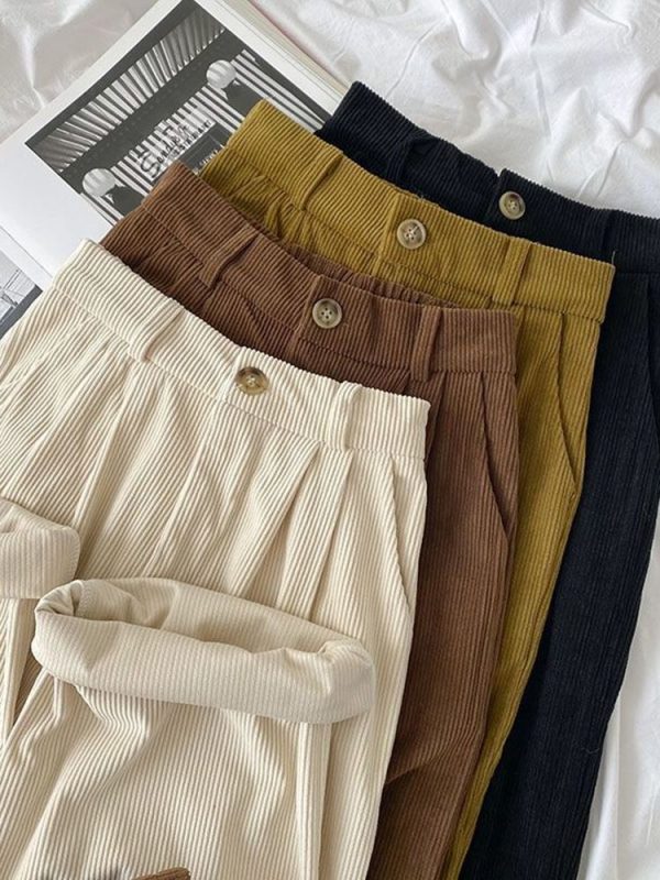 Vintage High Waist Corduroy Pants Women Classic Baggy Wide LegTrousers Korean Fashion All Match