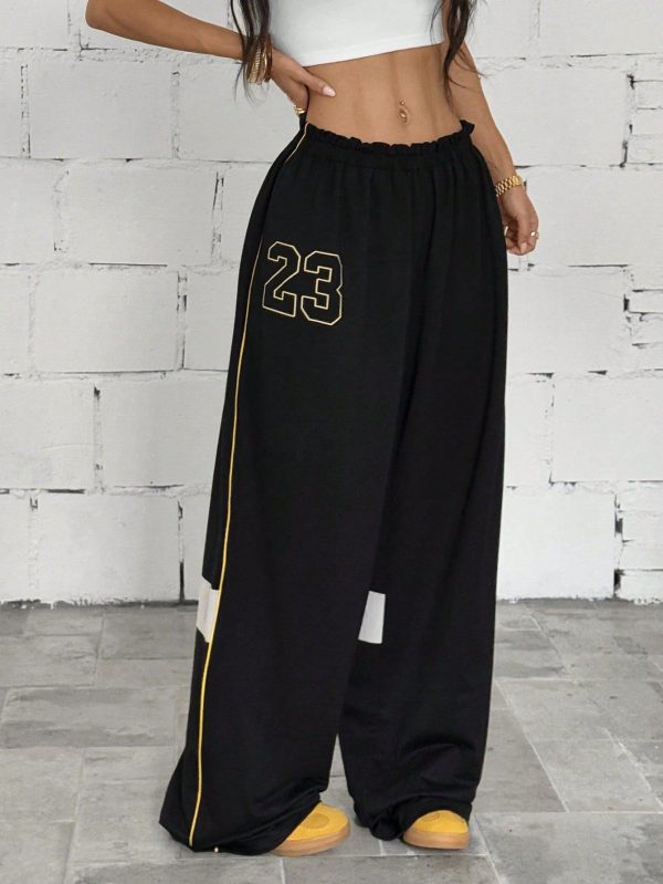 Streetwear Women's Fashion Loose Fit Contrast Color No.23 Print Sweatpants Wide Leg Pants