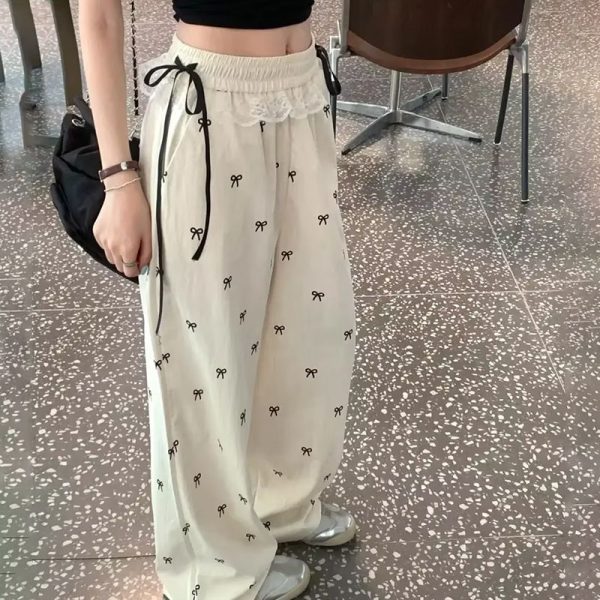 Fashion Lace Patchwork Women Casual Pants Summer Loose Preppy Bow Print Jogging Pants High Waist All