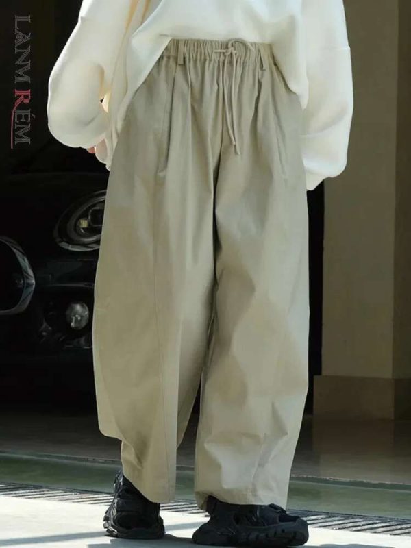 [LANMREM] Minimalism Drawstring Elastic High Waist Wide Leg Pants Women Fashion Casual Loose