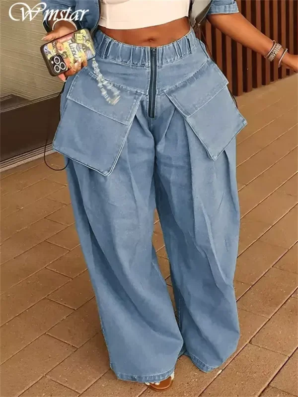 Wmstar Jeans Women High Waist Denim Bottom Boy Friend Straight Cargo Pockets Zip Pants Korean