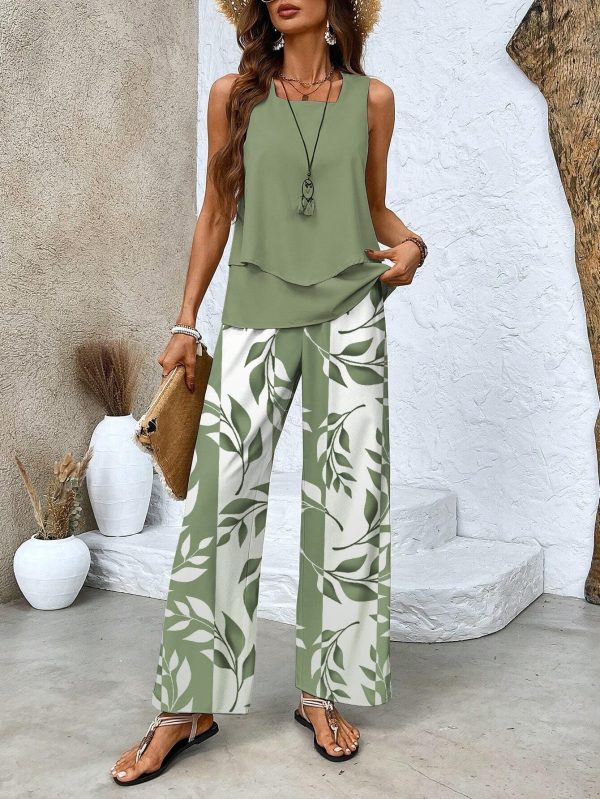 Women Leaf Casual Floral Two-Piece Sets Crew Neck Daily Top With Pants Beach Vacation Suit Sets