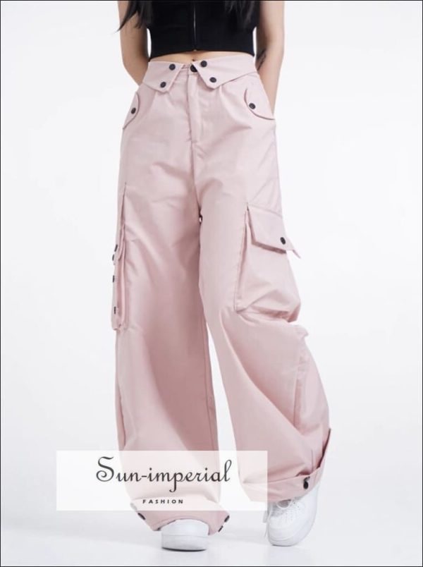 Women's  Cargo Trousers Pants With Turned Down Waist And Pockets Detail - Blue / L