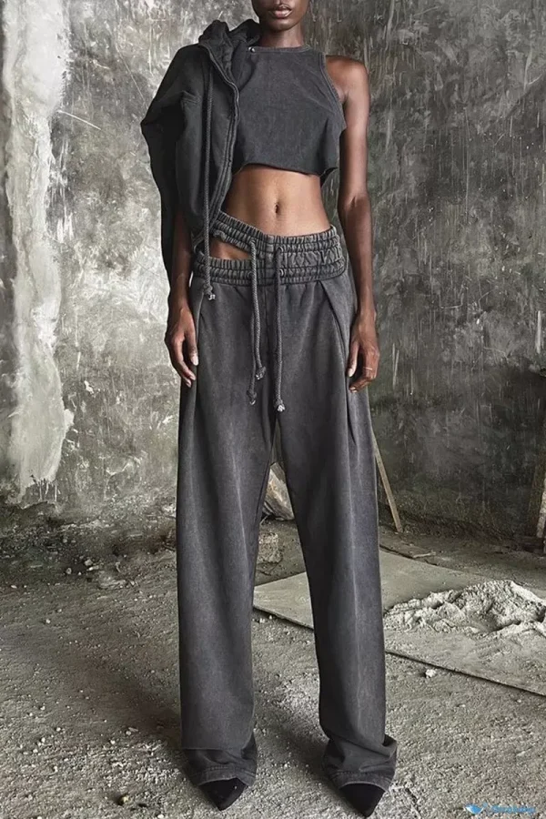 OrcaJump – Light Gray Streetwear Solid Color Bottoms with Hollowed Out Design, Drawstring Waist and Loose Fit