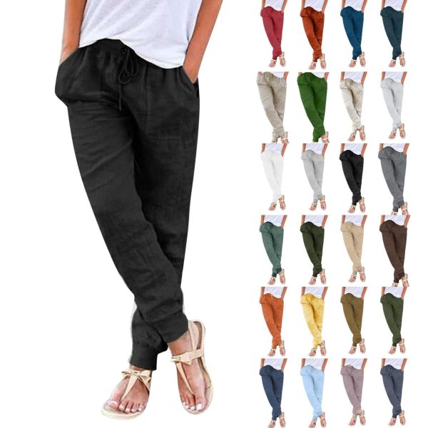 Womens Cotton Linen Tapered Pants Summer Drawstring Elastic Waist Pants Casual Trousers with Pockets