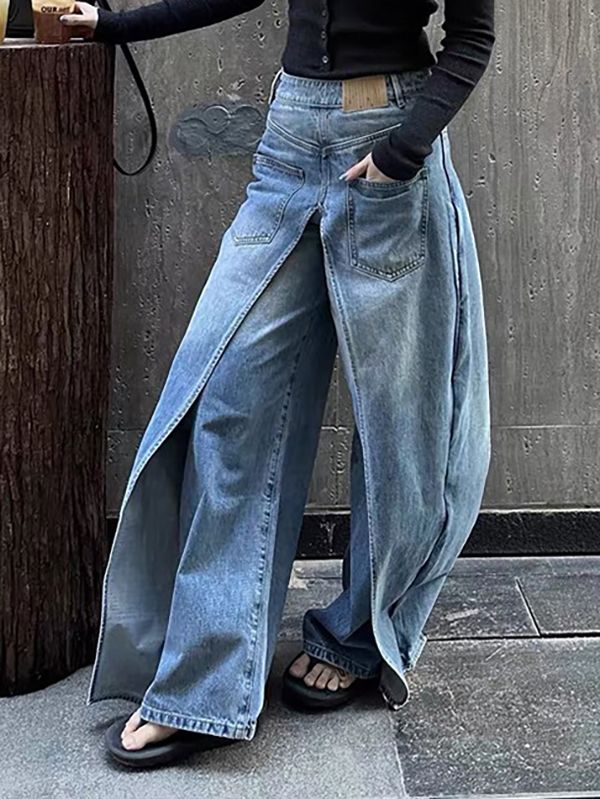 False Two Wide Leg Pockets Reversible Jean Pants Bottoms BLUE-L