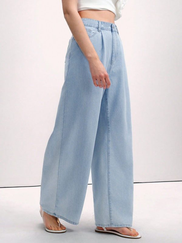 Women's Pleated Wide Leg Loose Casual Versatile Jeans With Pockets