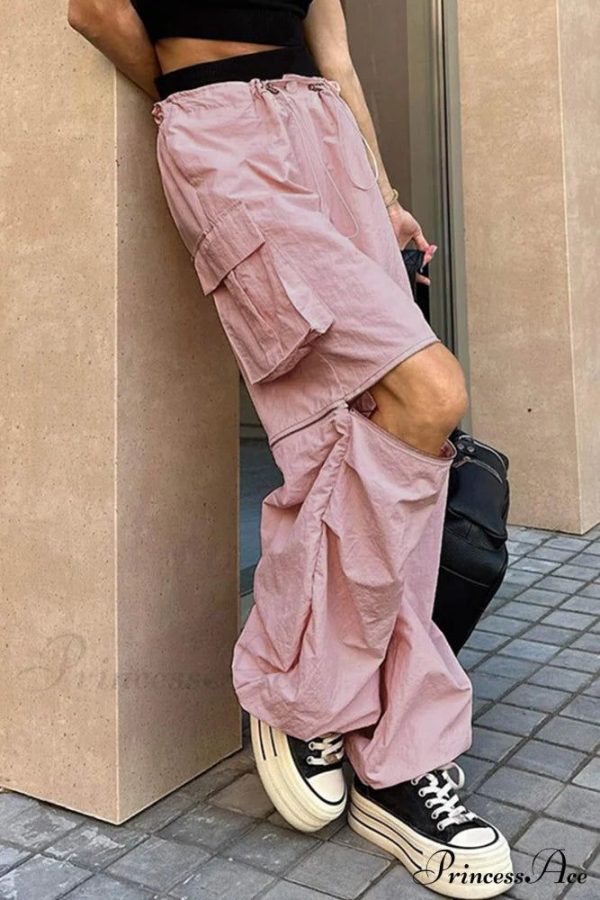 Pink Drawstring Zipper Cargo Pants - Pink / S