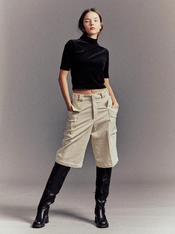 Cotton Spandex Relaxed Fit Bermuda Pants [Ivory]