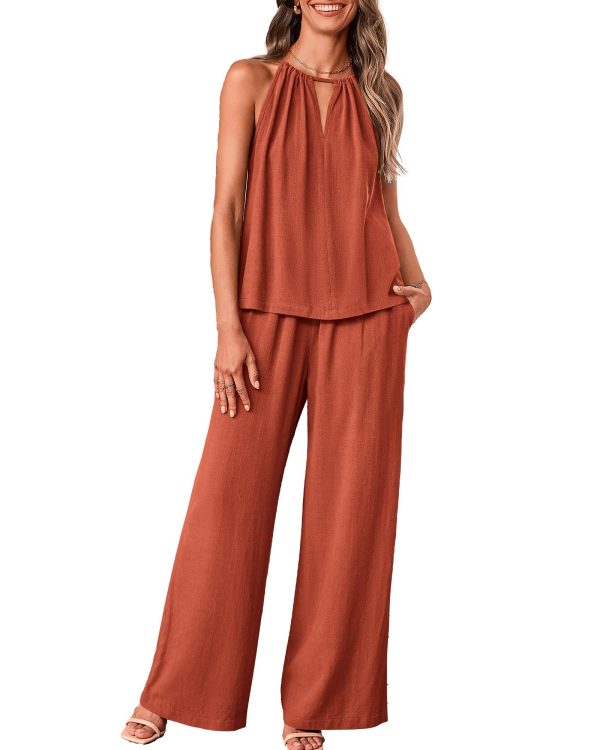 BTFBM Women's Casual Summer Two Piece Outfits Cotton Linen Sets Cutout Halter Sleeveless Top Wide Leg Pants Matching Set