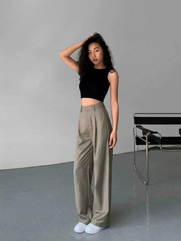 Relaxed Fit Pleated Pants - S / Khaki