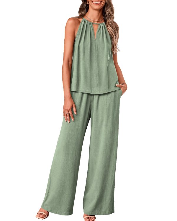 BTFBM Women's Casual Summer Two Piece Outfits Cotton Linen Sets Cutout Halter Sleeveless Top Wide Leg Pants Matching Set