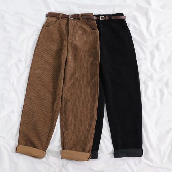 New 2020 Women Spring Corduroy Pants High Waist Vintage Korean Wide Leg Pants Elegant Belt Loose