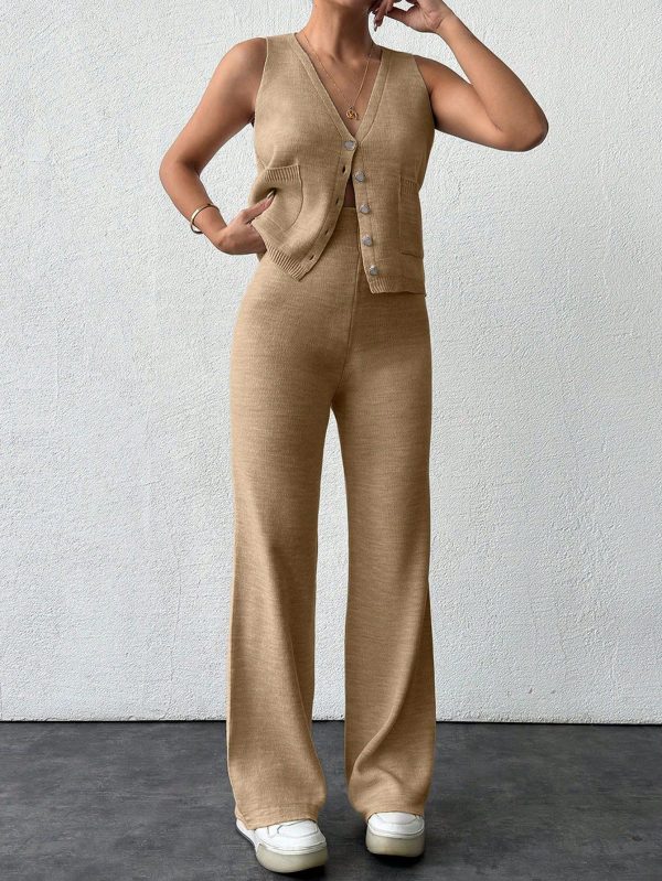 Knitted Plain Vest With Front Row Button, Pockets And Sweater Pants 2-Piece Set