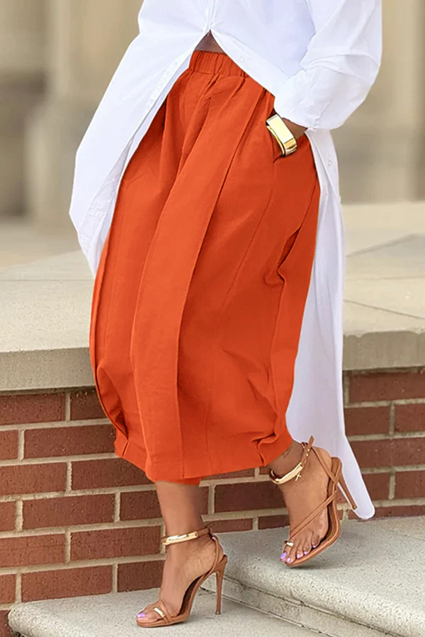 Plus Size Daily Khaki Pocket Wide Leg Pants Orange-3XL/22-24