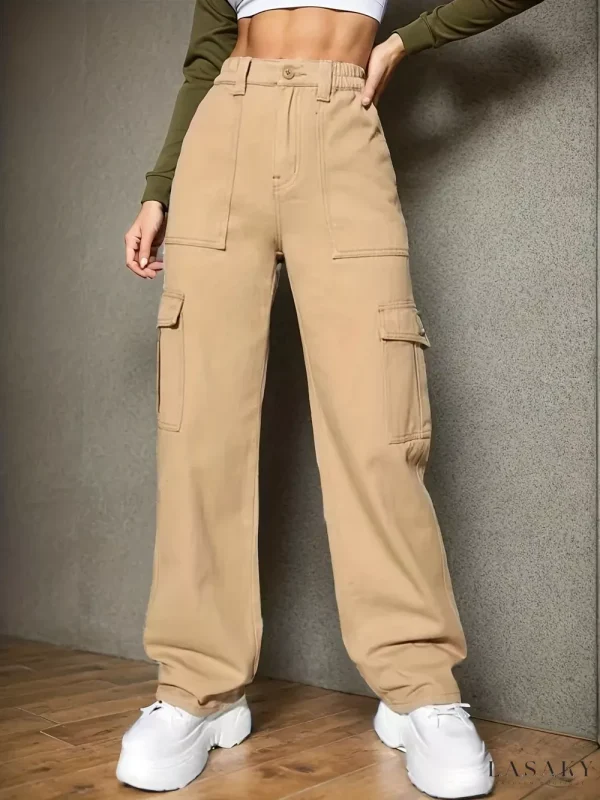 Lasaky - High Waist Cargo Jeans with Side Flap Pocket in Brown, Solid Color Straight Denim Pants featuring Multiple Pockets, Womens Denim Jeans and Clothing