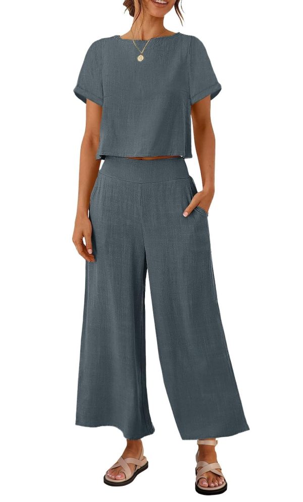 ZESICA Women's 2 Piece Outfits Linen Short Sleeve Crop Top and Wide Leg Pants Lounge Matching Set Tracksuits Trendy Clothes