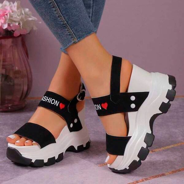Women's Chunky Platform Sandals – Black and White Sporty Wedge Sandals with Adjustable Straps, Trendy Summer Shoes for Casual Outfits  Streetwear