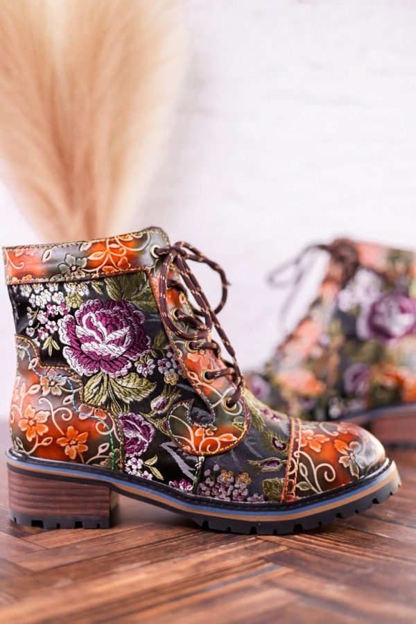 Floral Embossed Combat Boots - 39