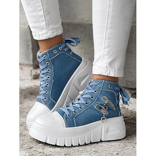Women's Denim High-Top Platform Sneakers - Casual Lace-Up Shoes with White Soles and Heart Zipper Charms for Everyday Fashion