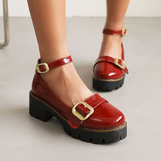 Women Glossy Round Toe Belts Buckles Platform Pumps Chunky Heels Shoes