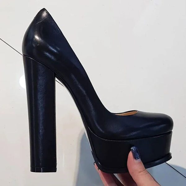 Women Pumps Chunky High Heels Faux Leather Round Toe Slip On Shoes Woman Big Siz