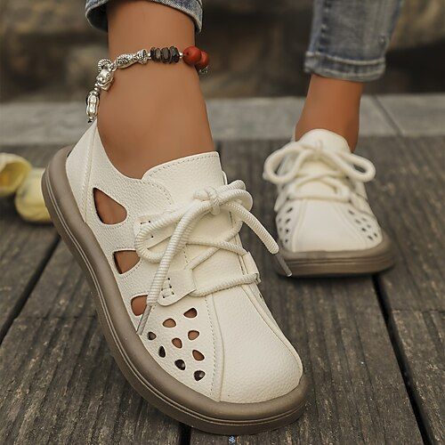 Women's White Cutout Lace-Up Faux Leather Flats – Breathable Casual Walking Shoes for Summer, Travel  Everyday Wear