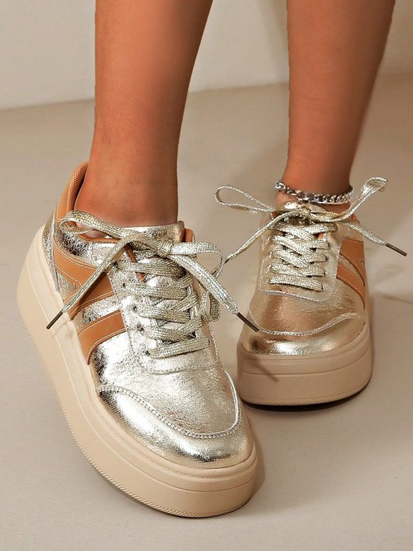 Women's Fashion Lace-Up Mixed Color Thick Sole Casual Sports Shoes, Comfortable Daily Running Wear, Non-Slip , Gold Mixed Brown, Suitable For Spring & Autumn