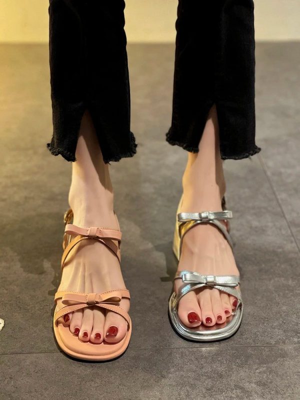 LBSFY  -  Women's Sandals, Open Toe Thick Heels, 2024 Summer New Bow Tie Mid Heeled Shoes - beige / 40