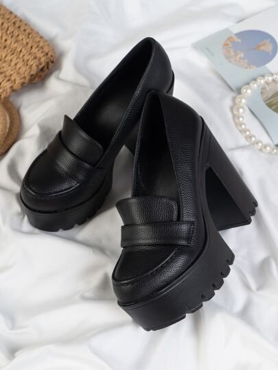 Litchi Embossed Ultra Heeled Loafers, Women's High Heel Oxford Shoes, Solid Color Black