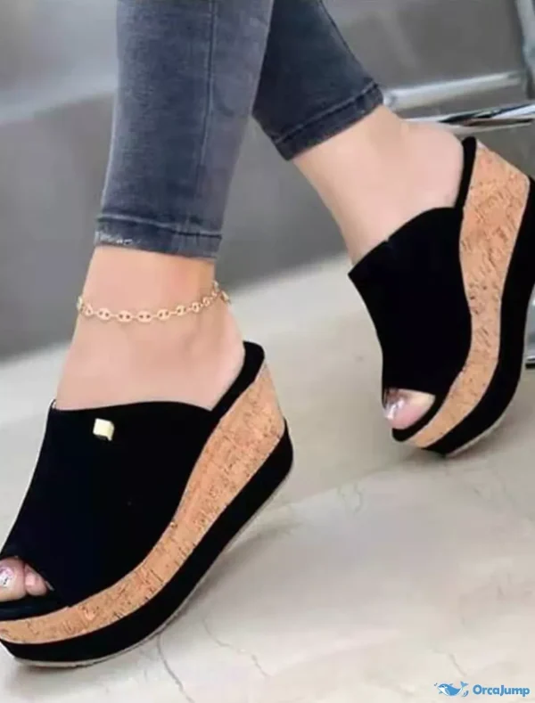OrcaJump - Sandales de Marche pour Femmes en Cuir PU, Talons Compensés, Bout Ouvert, Taille Plus, É - Black, 43