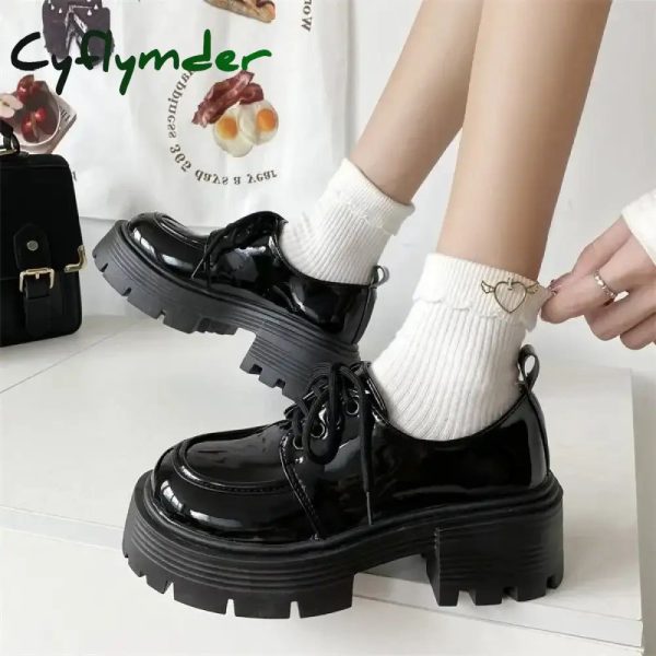Cyflymder Chunky Platform Oxfords Shoes for Women spring Non Slip Lace Up Flats Woman Thick Bottom Patent Leather Gothic Shoes - black light / 7