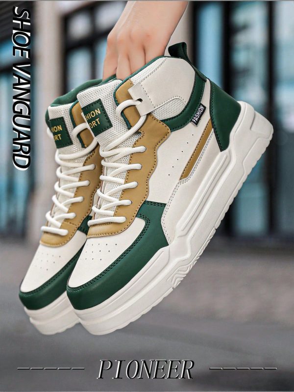 Men's Fashion Leather Mesh Patchwork Sneakers, Lightweight Versatile Comfortable High-Top Casual Shoes Outdoor Sports Trainers