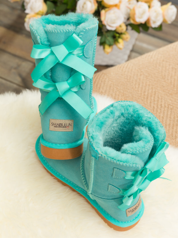 Smaibulun Ugg | Double Ballet Ribbon Bow Suede Shearling Boots - Turquoise