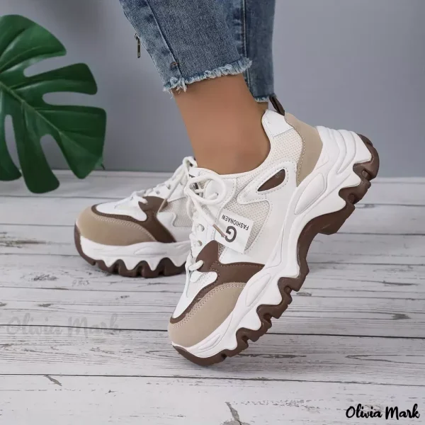 Olivia Mark - Vibrant Women's Sneakers with Chunky Soles and Breathable Design - Light Brown, 7.5