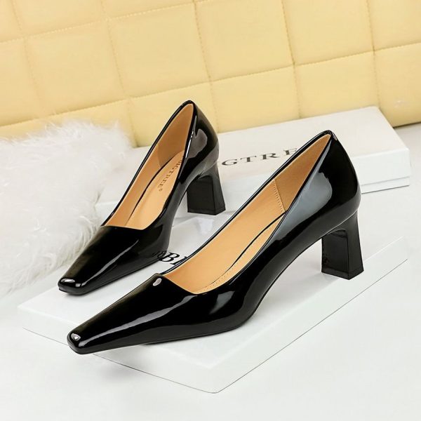 Zingj Zingj Fashion Simple High With Thick With Shallow Square Head Bright Patent Leather Commuting Versatile Women's Shoes Single Shoes Black-37