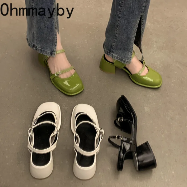 Mary Jane Shoes Buckle Pumps Women Thick Heels Elegant Shallow Square Toe Footwear Fashion Outdoor Lady Shoes - black / Size 36(foot 23cm)