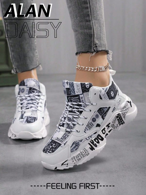 Women's Minimalist Random All-Over Print Lace-Up Front Platform Chunky Sneakers, Fashion Versatile Streetwear Comfortable High-Top Casual Sports Shoes