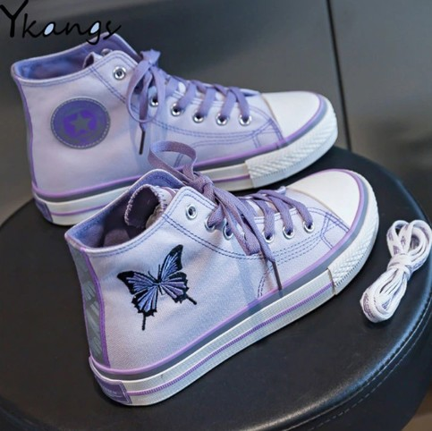 Purple Kawaii Butterfly Embroidery Canvas Sneakers from KoKo Fashion