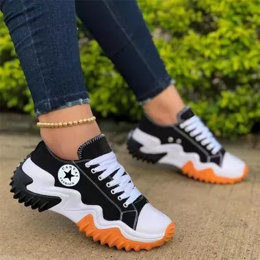 OrcaJump – Womens White Casual Outdoor Sports Shoes with Bandage Patchwork and Square Toe for Comfort