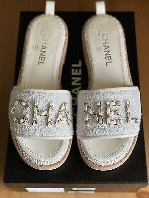 Authentic Chanel 21C White Tweed Chain Logo Mules Sandals Slides EU 37,5 US 7,5  | eBay