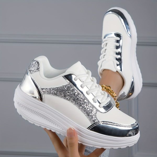Women's Pure Color Sequins Sneaker, Lace-up Platform Sequined Decorative Walking Rock Shoes, High