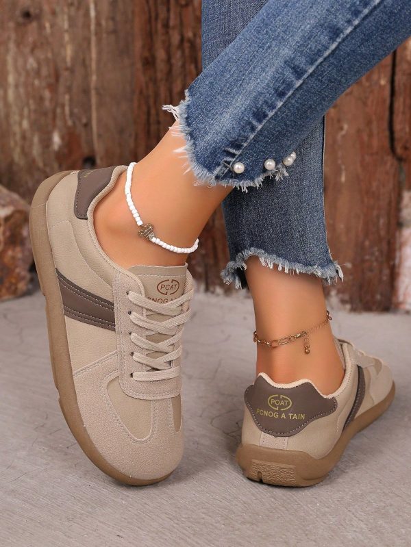 1 Pair Women's Casual Canvas Lace-Up Low Top Sneakers, Khaki Outdoor Running Flat Soft And Lightweight