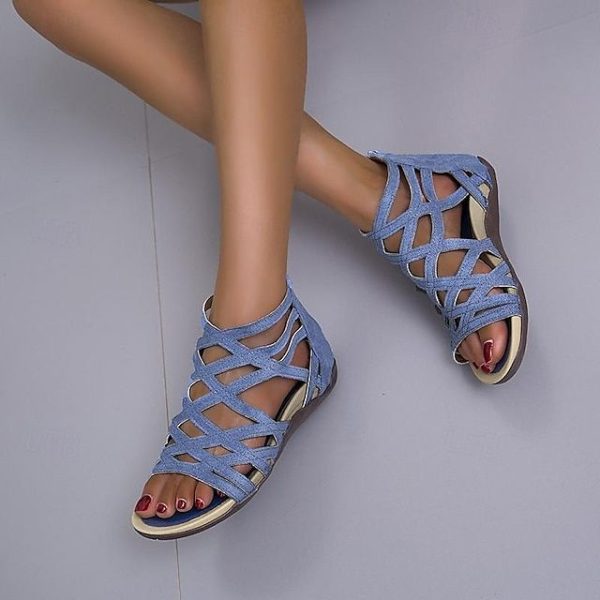 Women's Gladiator Style Flat Sandals - Strappy Open-Toe Summer Shoes in Denim Blue 2025 - $24.99