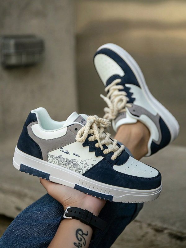 (Run Small Size) Men's Niche Color Block Lace-Up Casual Sports Shoes, Random Printed Pattern Comfortable Street Couple Sneakers