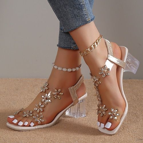 Women's Rhinestone Floral Embellished Clear Heel Sandals – Elegant Open-Toe High Heel Shoes for Weddings and Special Occasions