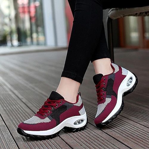 Women's Sneakers Plus Size Outdoor Daily Color Block Summer Flat Heel Round Toe Fashion Sporty Casual Walking Tissage Volant Lace-up Wine Black / Red Pink / Grey