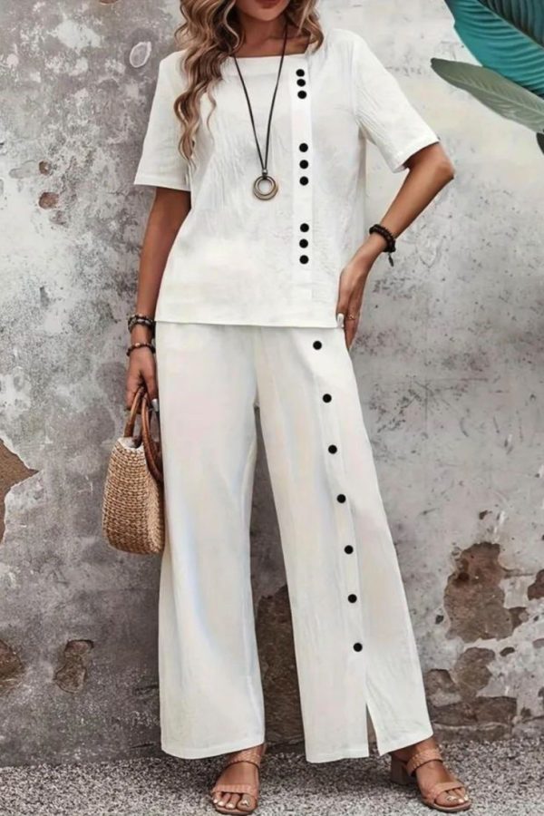 Button Decor Two Piece Set, Short Sleeve Blouse & Wide Leg Split Pants Outfits